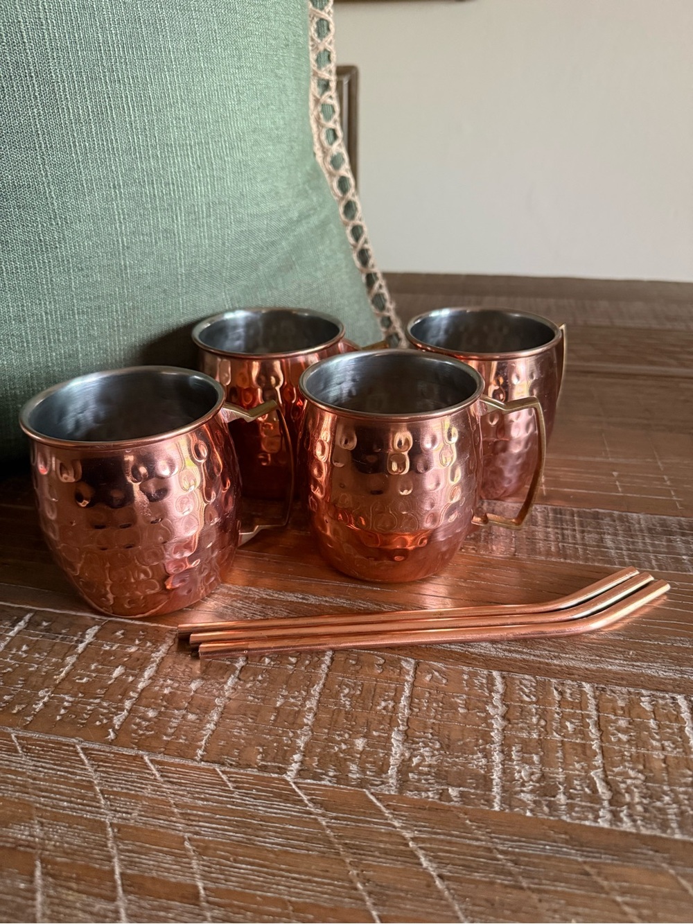 Hammered Copper Moscow Mule Mug Barware Set of 4 with 3 Reusable Straws